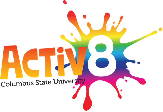 Activ8 at Columbus State University&mdash;summer camp logo, a rainbow paint splash behind the number 8