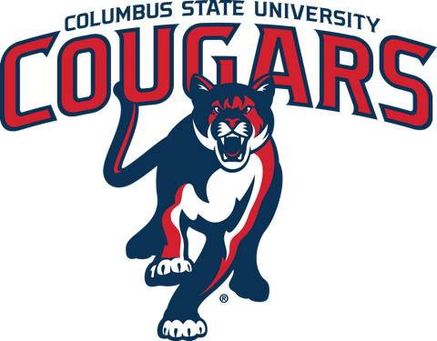 Columbus State University Cougars athletics logo&mdash;a leaping cougar in navy and red